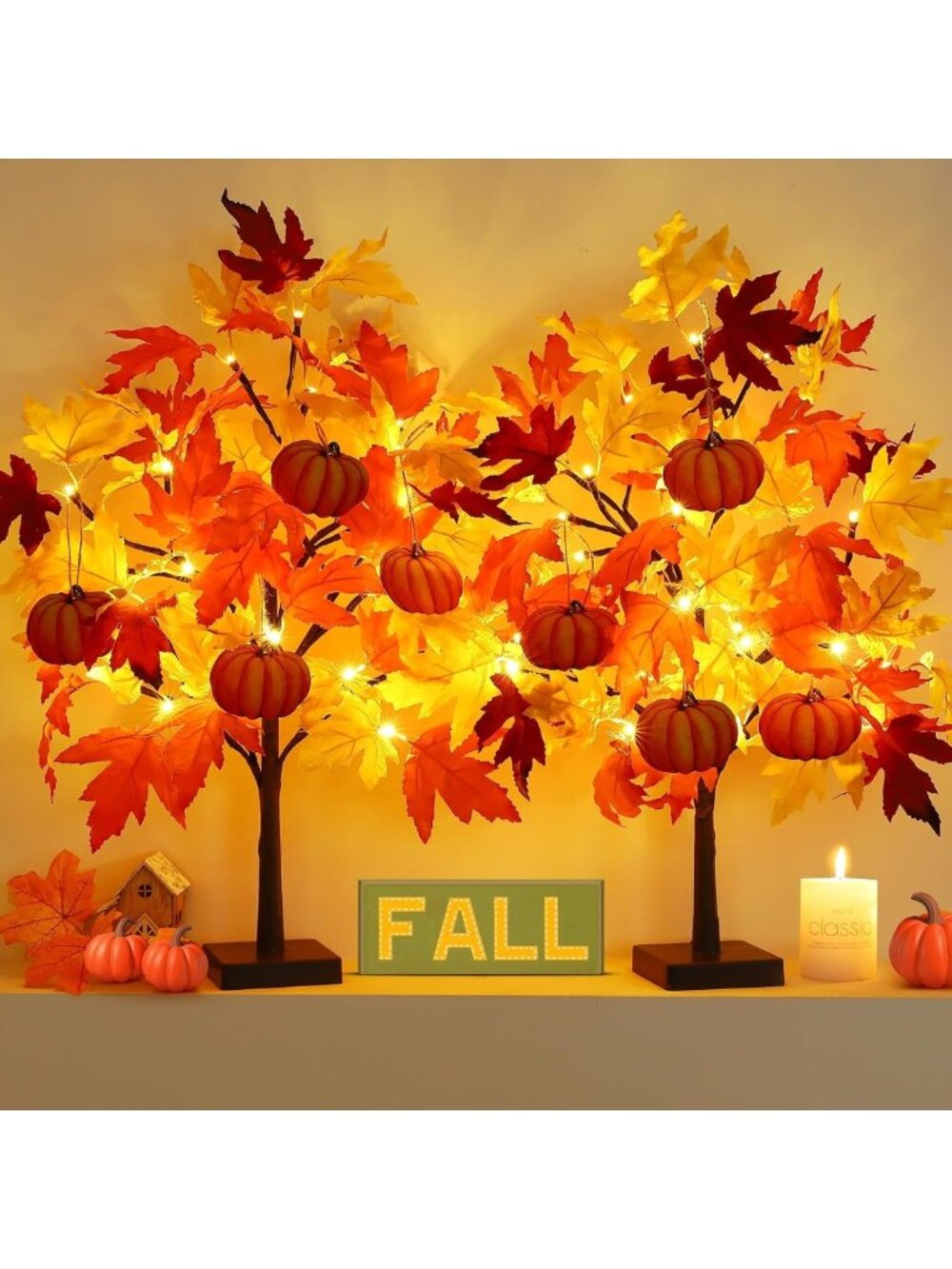 24-Inch Fall Maple Trees with 48 LED Lights & 8 Pumpkin Ornaments - Autumn Décor